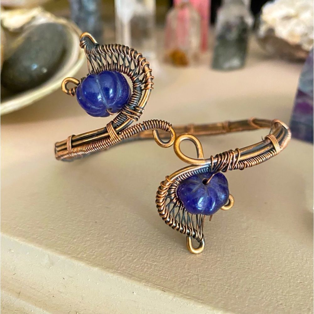 Lapis Lazuli Copper Wire Wrapped Ajustable Cuff Bracelet